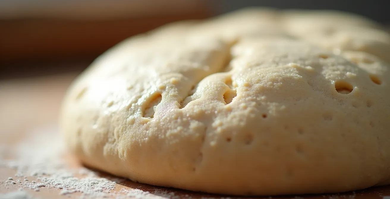 Gros plan sur la pâte à pizza en fermentation montrant texture alvéolée