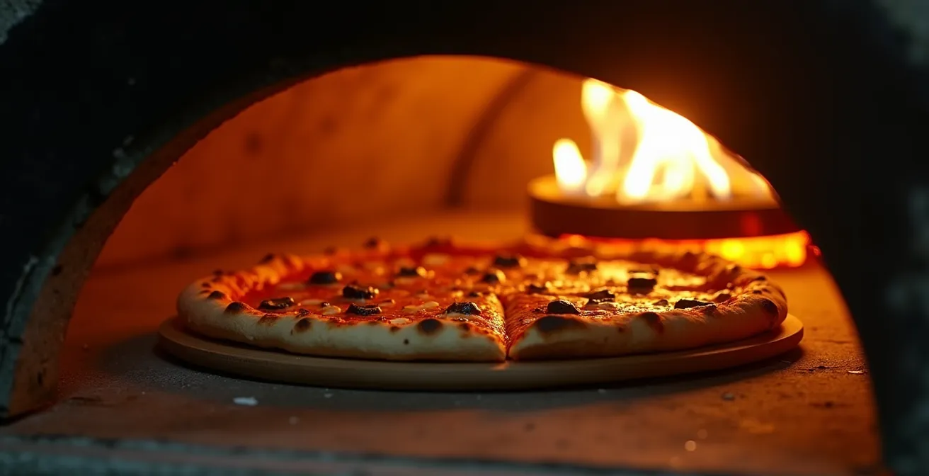 Four traditionnel à feu de bois avec pizza en cuisson
