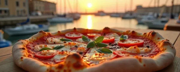 Vue artistique d'une pizza artisanale typique de Marseille avec vue du Vieux-Port en arrière-plan