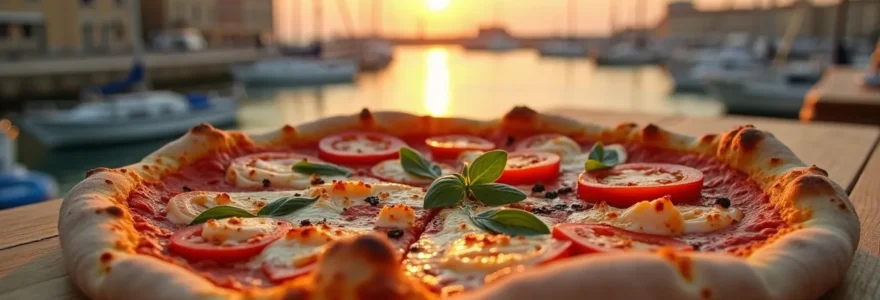Vue artistique d'une pizza artisanale typique de Marseille avec vue du Vieux-Port en arrière-plan