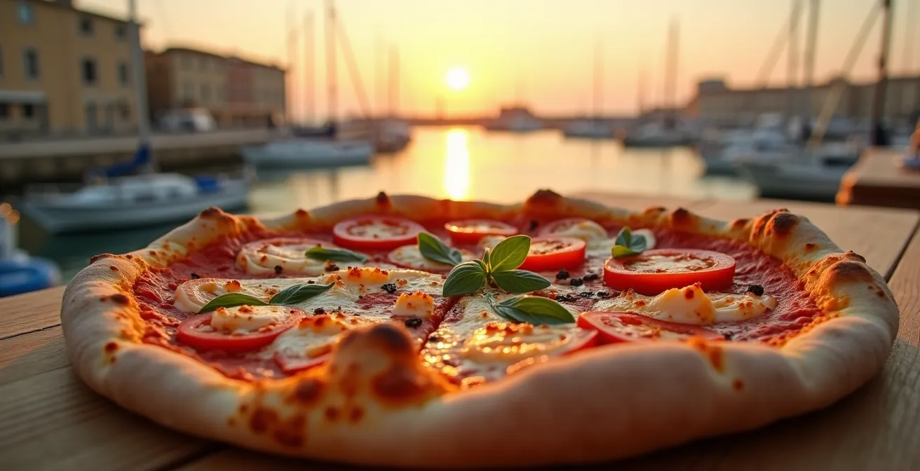 Vue artistique d'une pizza artisanale typique de Marseille avec vue du Vieux-Port en arrière-plan