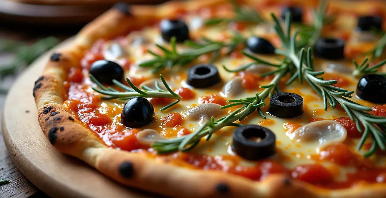 Pizza marseillaise avec garnitures locales comme anchois et herbes de Provence