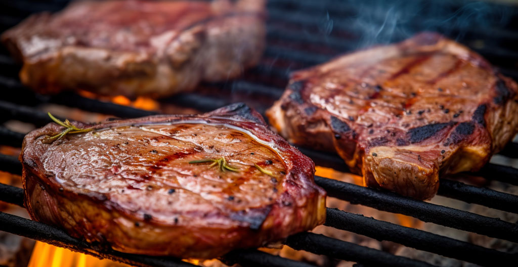 Mains retournant des légumes grillés avec une pince, légère fumée s'élevant, arrière-plan flouté