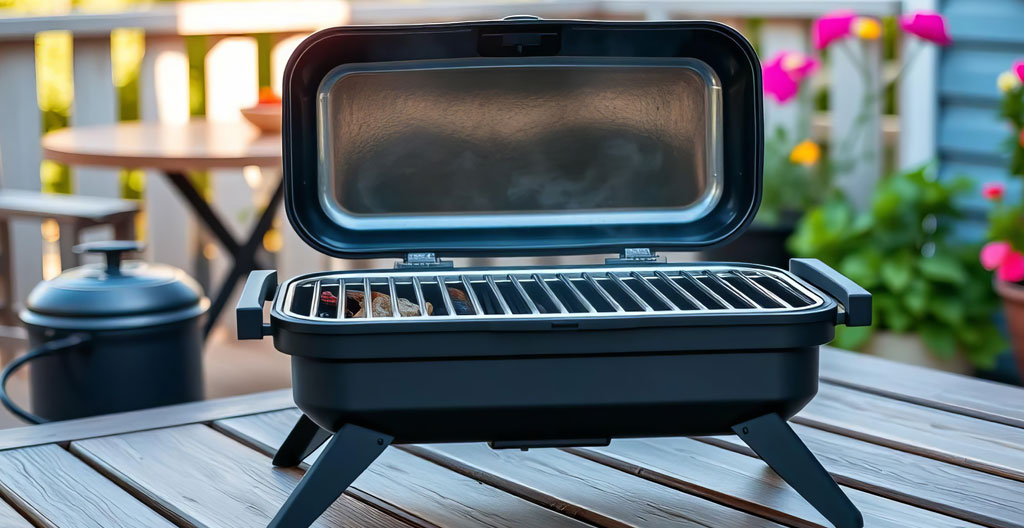 Petit balcon aménagé avec une table dressée pour deux personnes, plantes et guirlandes lumineuses, ambiance de début de soirée