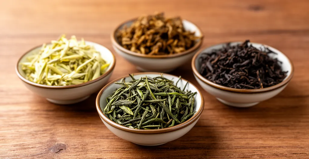 Quatre bols de feuilles de thé séchées montrant la diversité des couleurs du vert au brun
