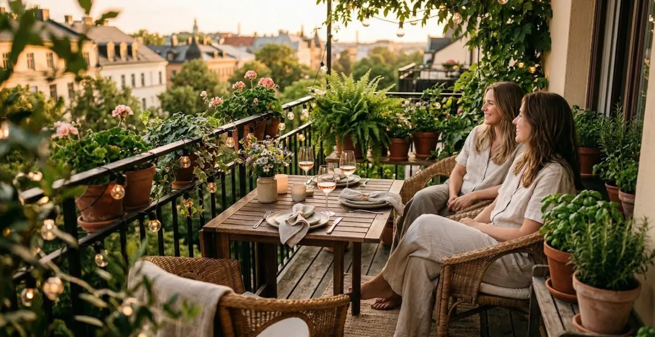 Petit balcon aménagé avec une table dressée pour deux personnes, plantes et guirlandes lumineuses, ambiance de début de soirée