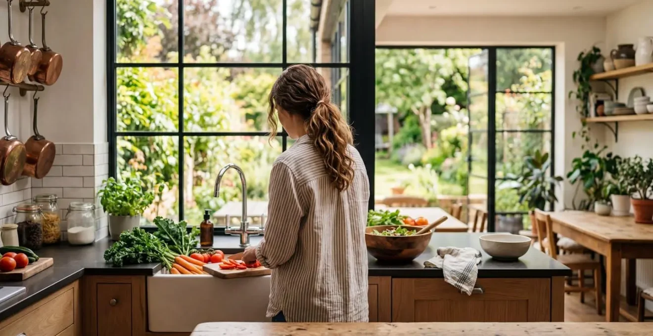 Une personne de dos prépare des légumes dans une cuisine ouverte lumineuse avec une grande fenêtre