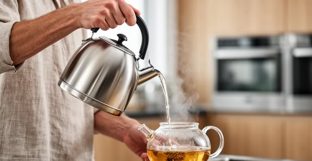 Eau frémissante versée depuis une bouilloire avec vapeur visible