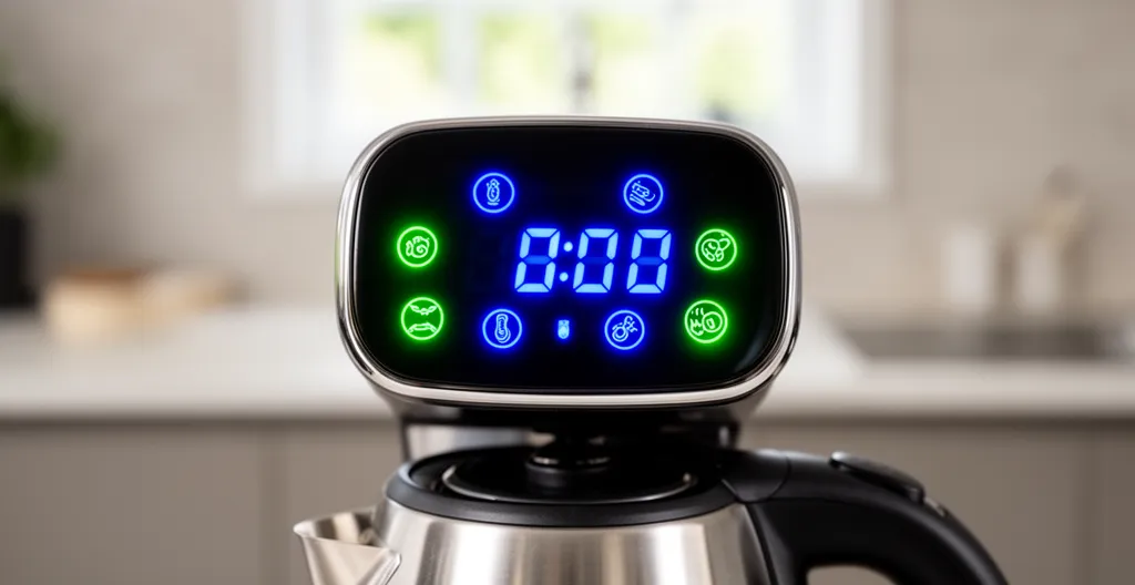 Écran digital d'une bouilloire programmable moderne affichant des indicateurs lumineux