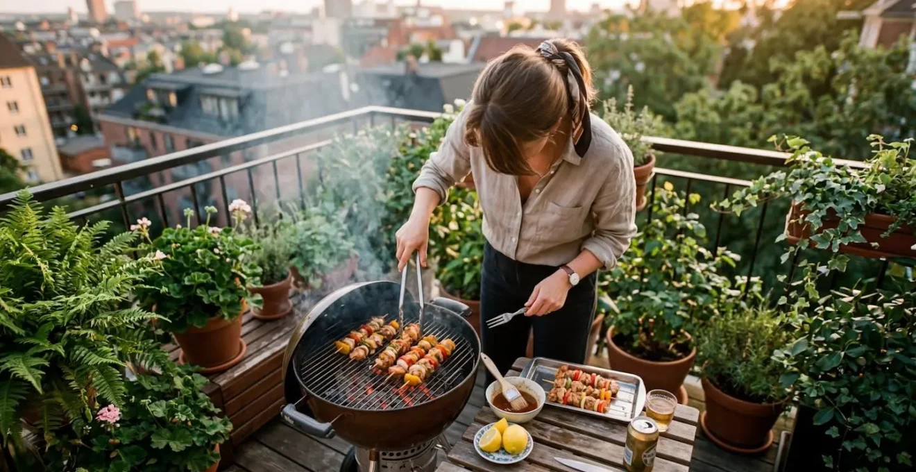Une personne vue de dos prépare des légumes grillés sur un petit balcon ensoleillé avec des plantes vertes en arrière-plan