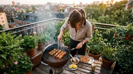 Une personne vue de dos prépare des légumes grillés sur un petit balcon ensoleillé avec des plantes vertes en arrière-plan