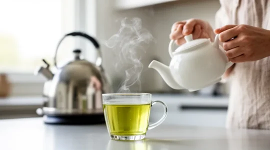 Vapeur délicate s'élevant d'une tasse de thé vert dans une cuisine lumineuse