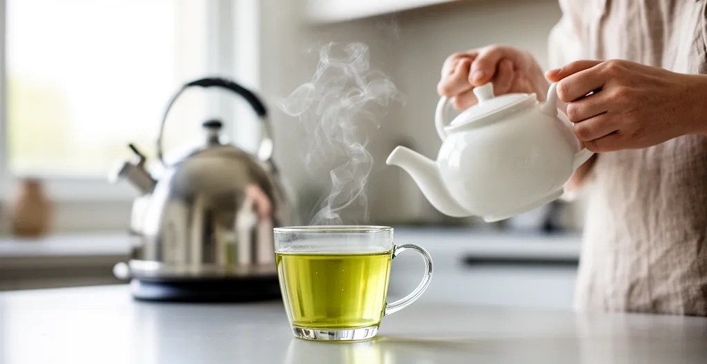 Vapeur délicate s'élevant d'une tasse de thé vert dans une cuisine lumineuse